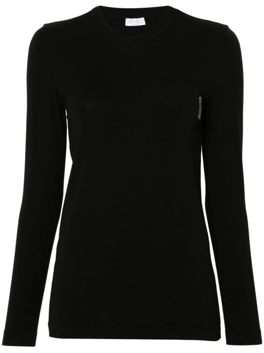 Brunello Cucinelli Long-sleeve Black Top With Classic Crew Neckline In Black