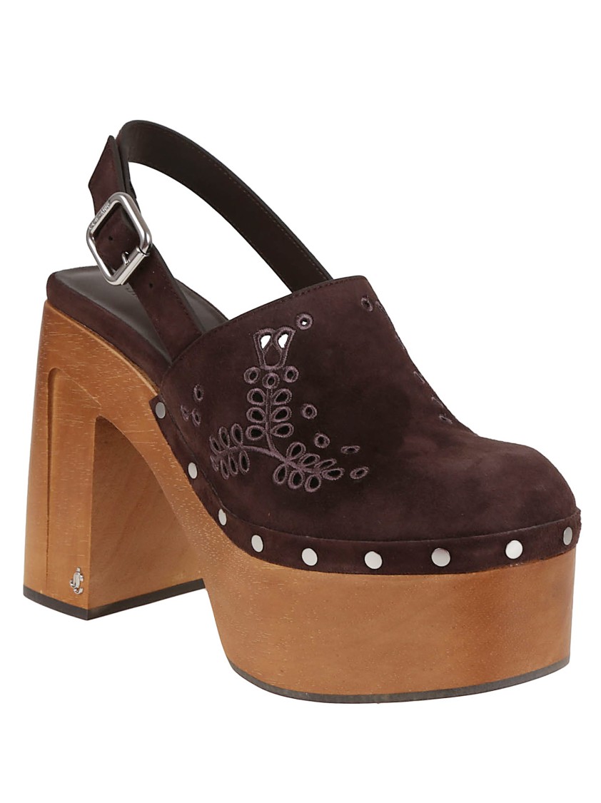 Jimmy Choo Chunky Heel Embroidered Studded Clog In Brown