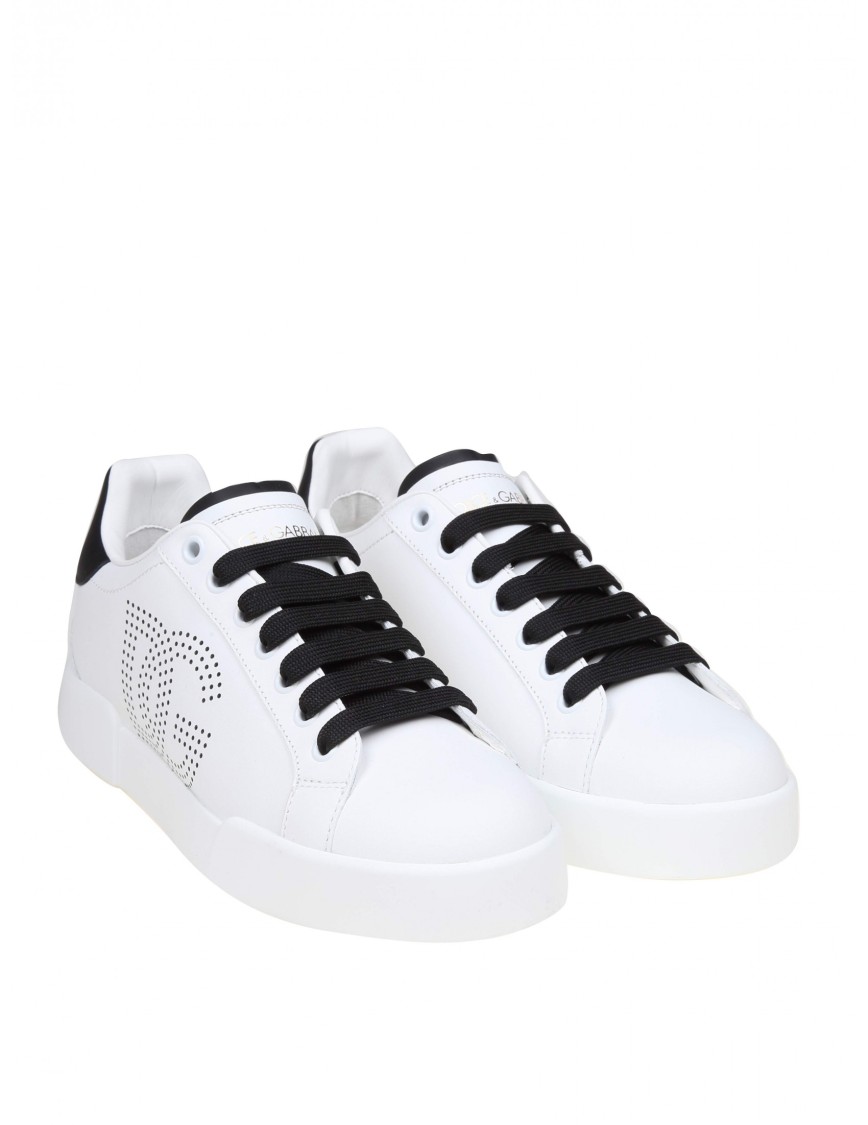 Dolce & Gabbana White And Black Leather Sneakers In White