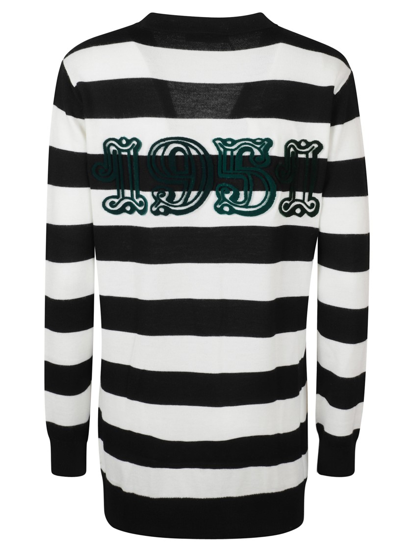 Max Mara Bold Black And White Striped V-neck Sweater With Button-down Front In Black
