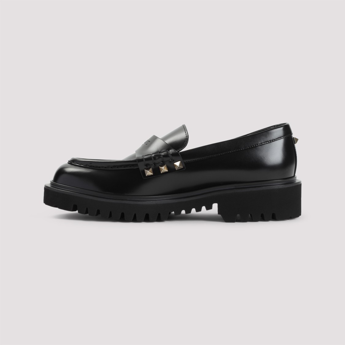 Shop Valentino Black Leather Loafers With Gold-studded Accents