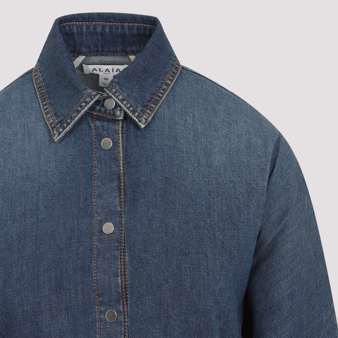 Alaïa Mineral Blue Cotton Curved Shirt With Pointed Collar In Blue