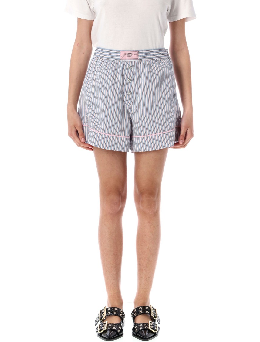 Ganni Violet Shorts With Logo Patch On The Front And All-over Striped Motif In Viscose Blend Woman