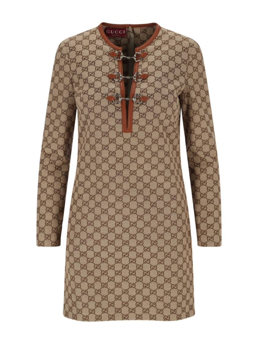 Gucci Mini Dress With "gg" Bit – Beige In Neutral