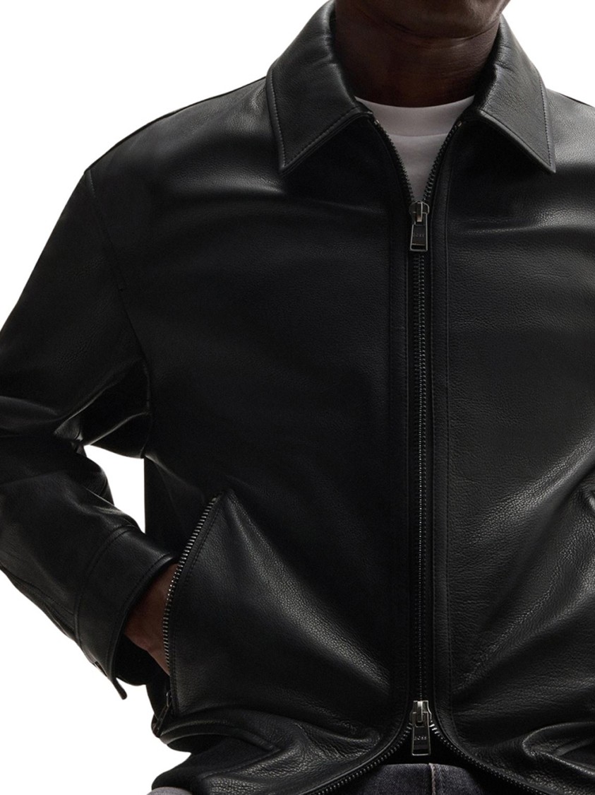 Hugo Boss Structured Black Leather Bomber Jacket With Ribbed Cuffs