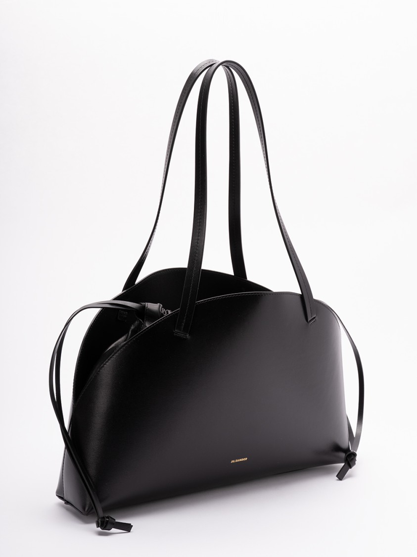 Jil Sander 'curve Medium' Black Shoulder Bag With Embossed Logo On The Front And Curved Design