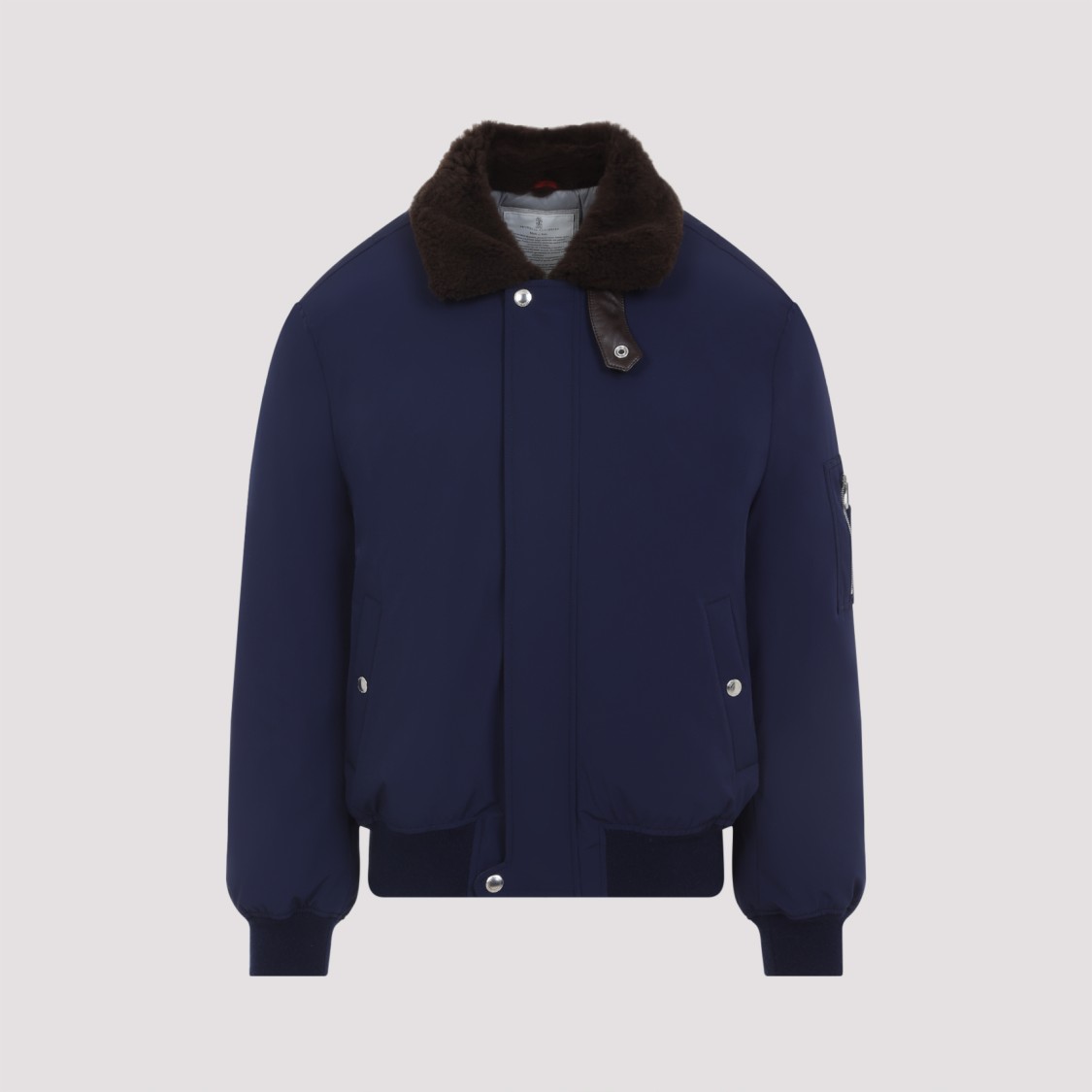 Brunello Cucinelli Tailored Feather Down Jacket With Sheepskin Collar In Blue