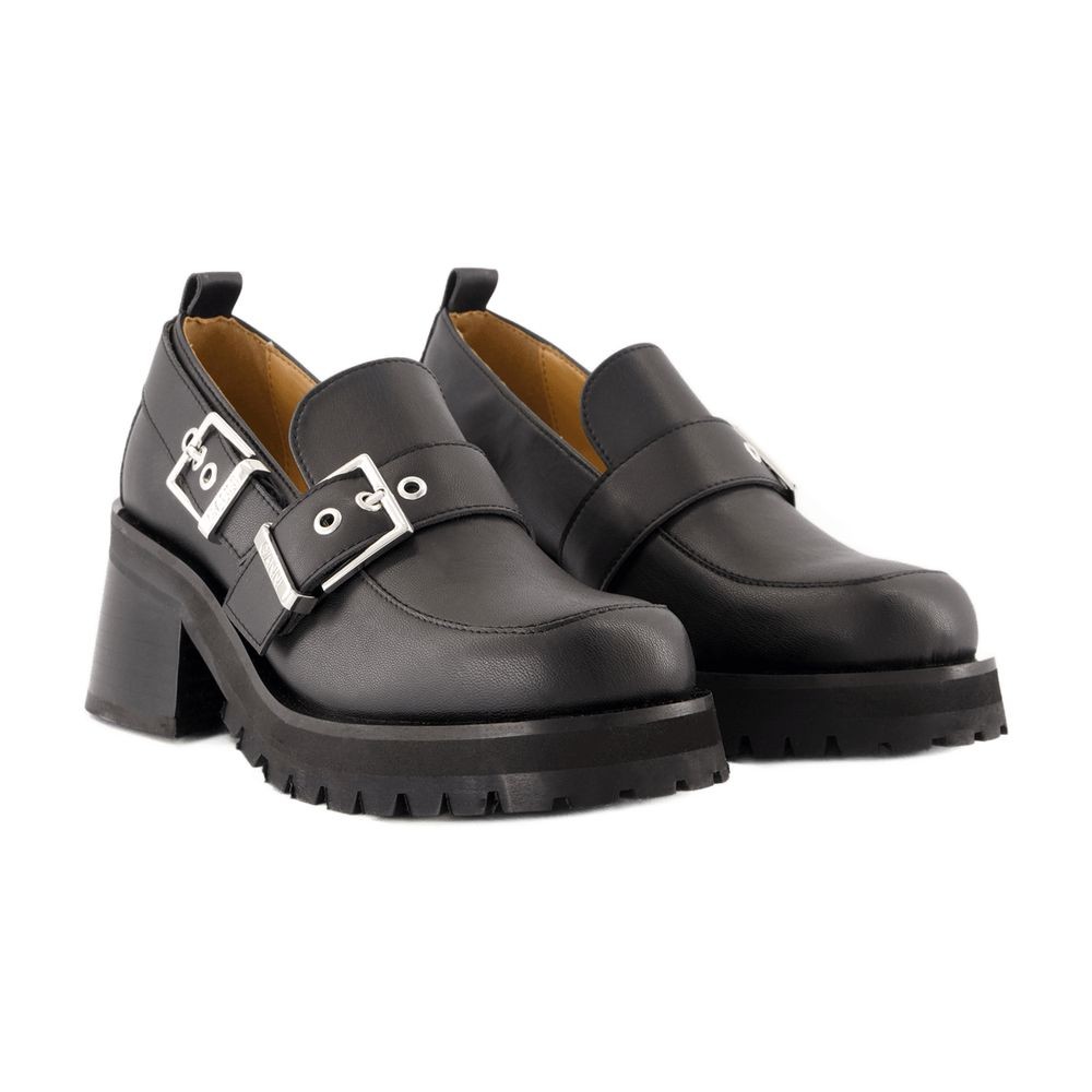 Shop Ganni Feminine Loafers - Leather - Black In Grey