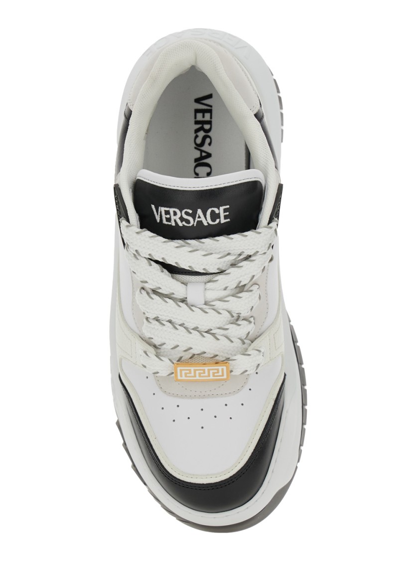 Shop Versace Black/white Leather Leather Sneakers