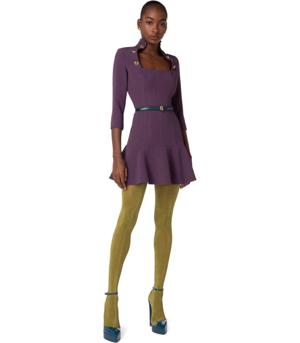 Elisabetta Franchi High-collar Purple Dress With Gold Logo Buttons And Flounce Detail In Purple