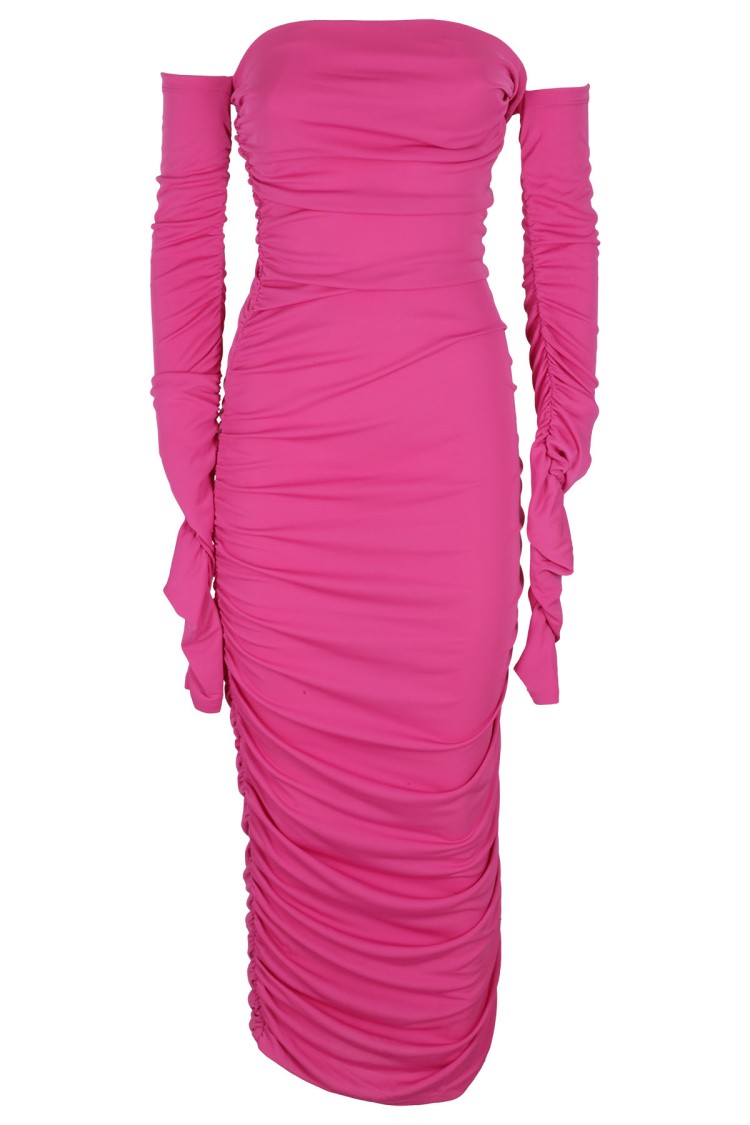 The Andamane Fuchsia Off-shoulder Mini Dress With Draped Sides In Pink