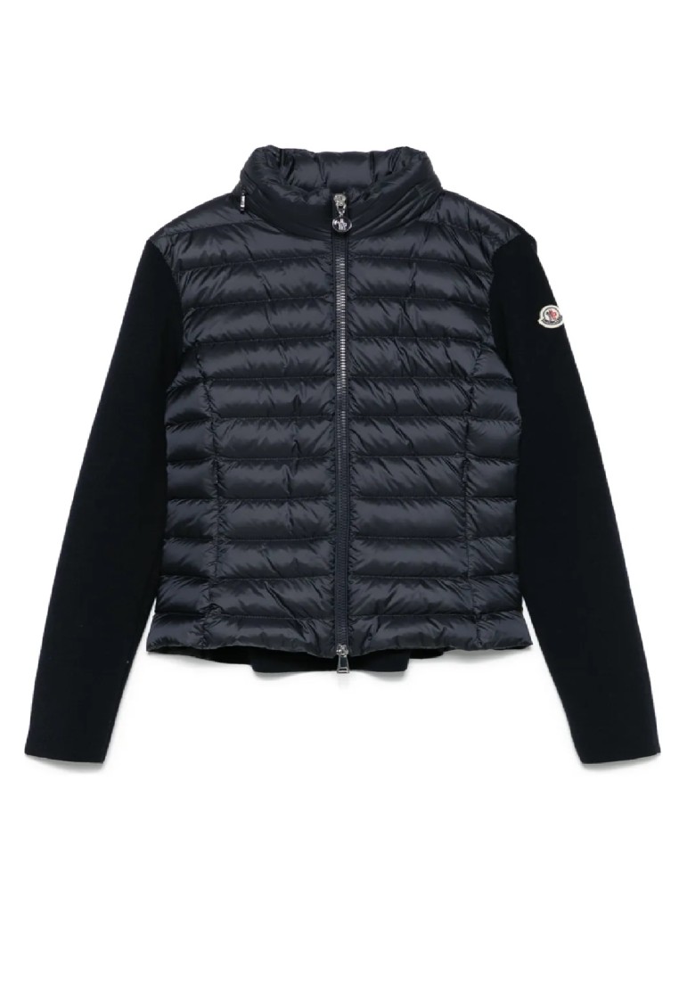 Moncler Quilted Front Cardigan With Fitted Knit Sleeves In Black