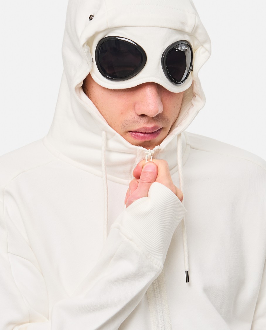 C.p. Company Diagonal Raised Fleece Goggle Zipped Hooded Sweatshirt In White