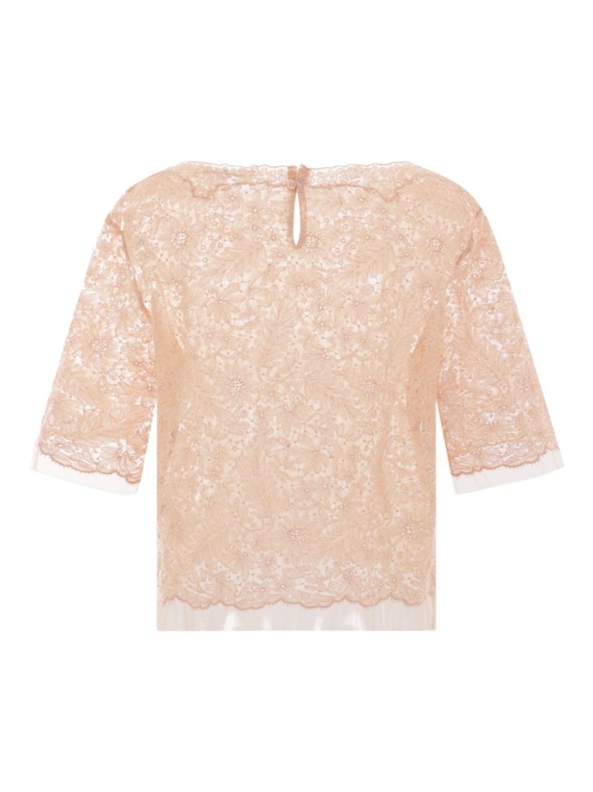 Ermanno Scervino Delicate Lace-overlay Top With Tulle Inserts And Rear Button Fastening In Multi