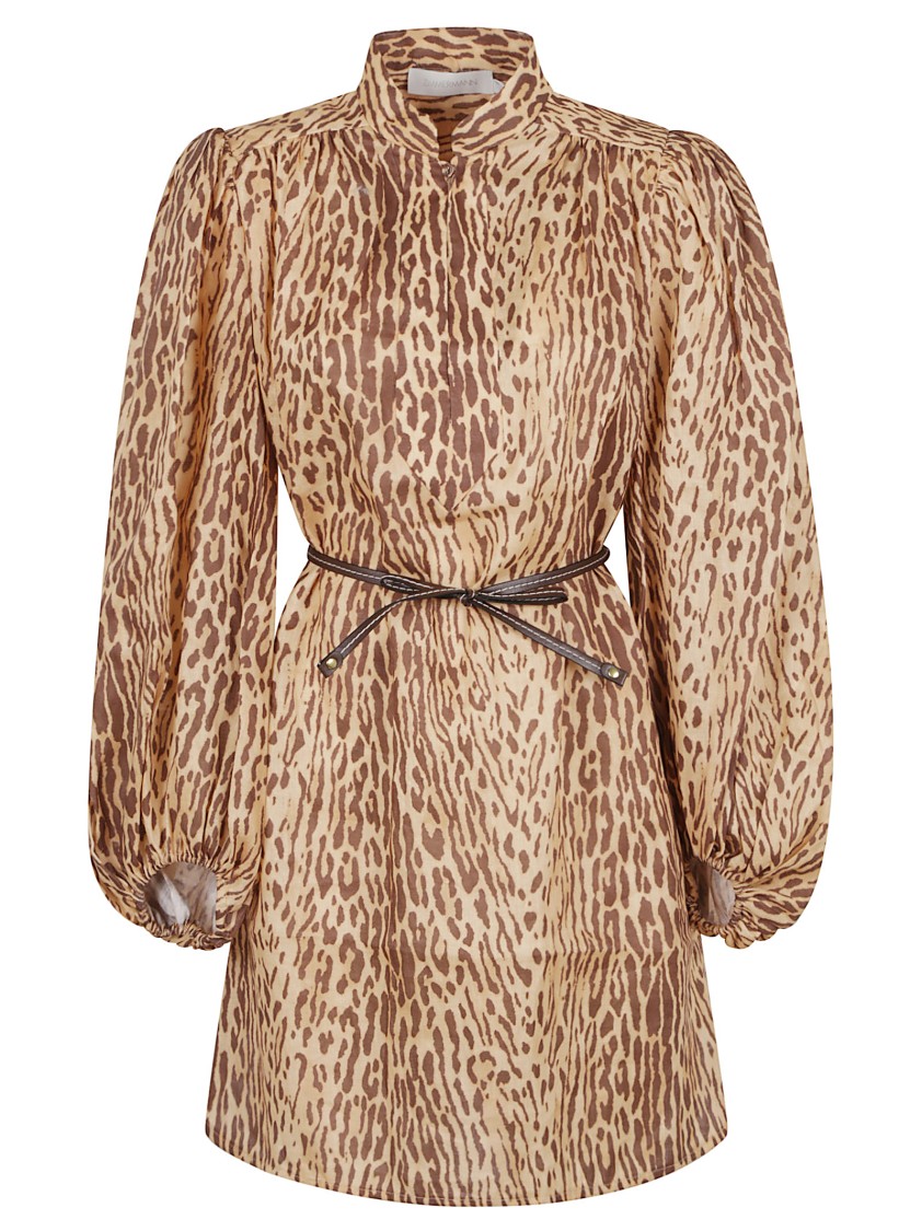 Zimmermann Cascadian Beige Tunic Dress With Stand-up Collar And All-over Leopard Print In Linen Woman In Brown