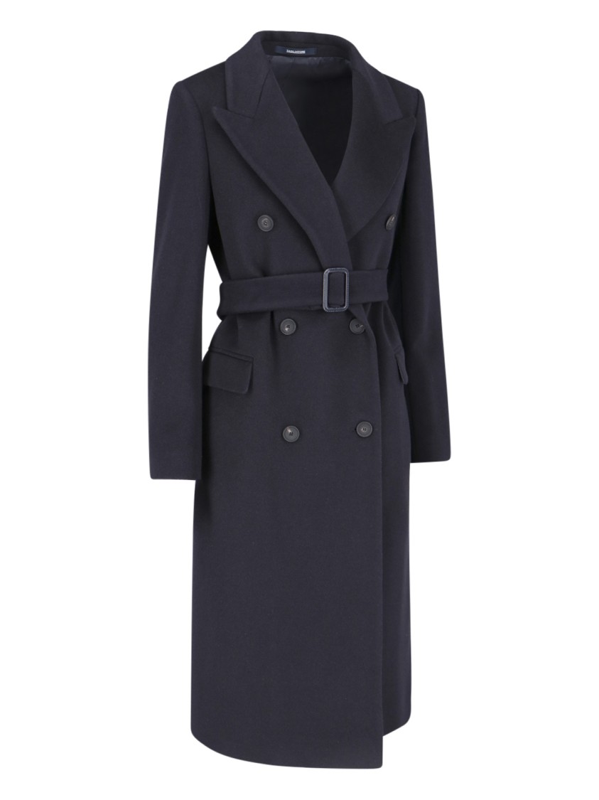 Tagliatore Waist Belted Lapel Buttoned Jacket In Blue