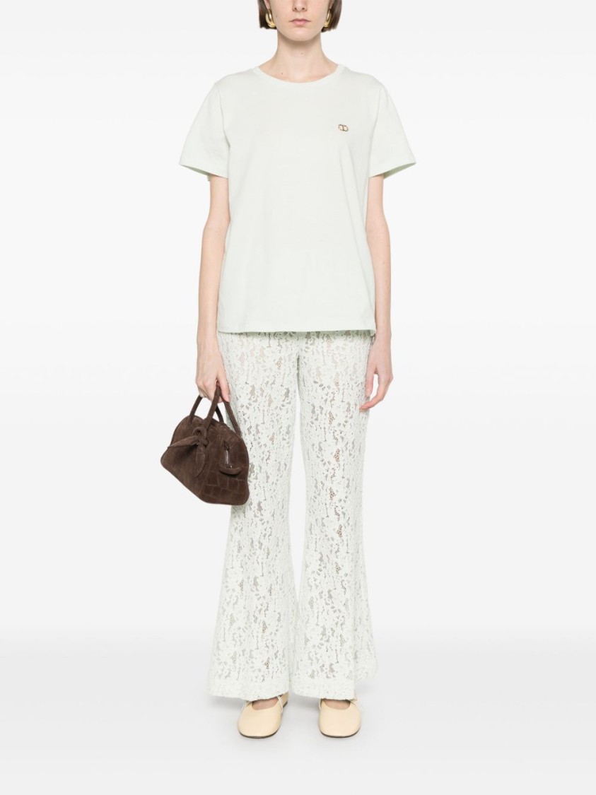 TWINSET TWIN-SET FLARED WHITE TROUSERS WITH DELICATE LACE OVERLAY 