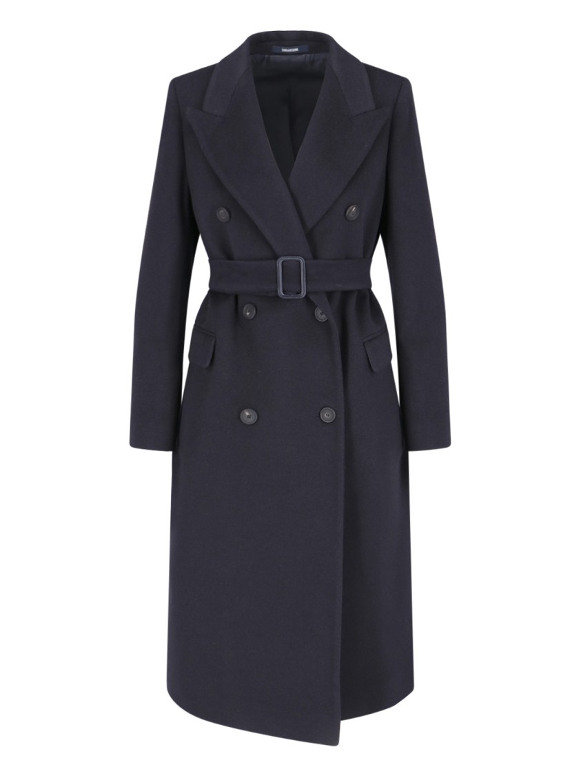 Tagliatore Waist Belted Lapel Buttoned Jacket In Blue