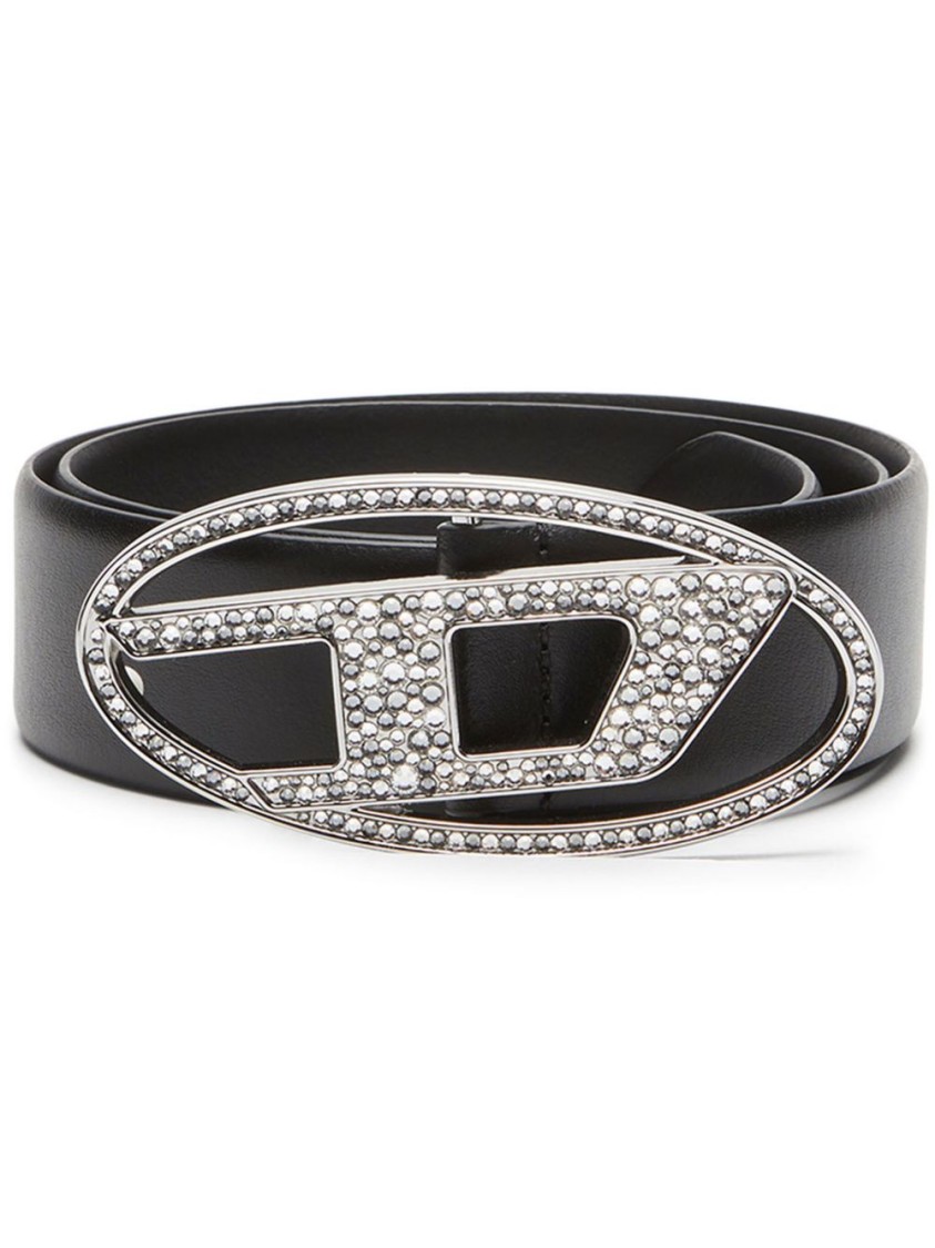 Diesel Oval Buckle Black Strap Belt With Sparkling Embellishments In Black