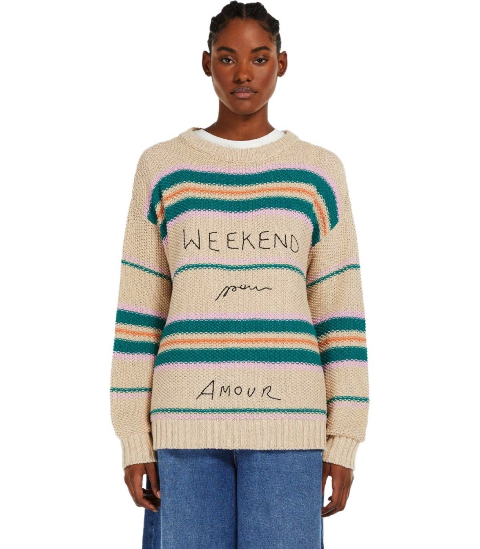 Max Mara Angus Beige Crewneck Sweater With Embroidery In Neutral