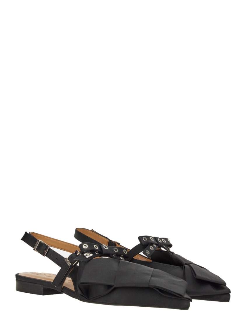 Ganni Big Bow Slingback Pointed-toe Flats In Black