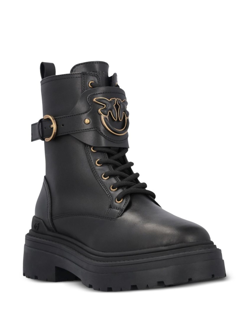 Pinko Chunky Platform Black Leather Boots With Decorative Buckle In Black