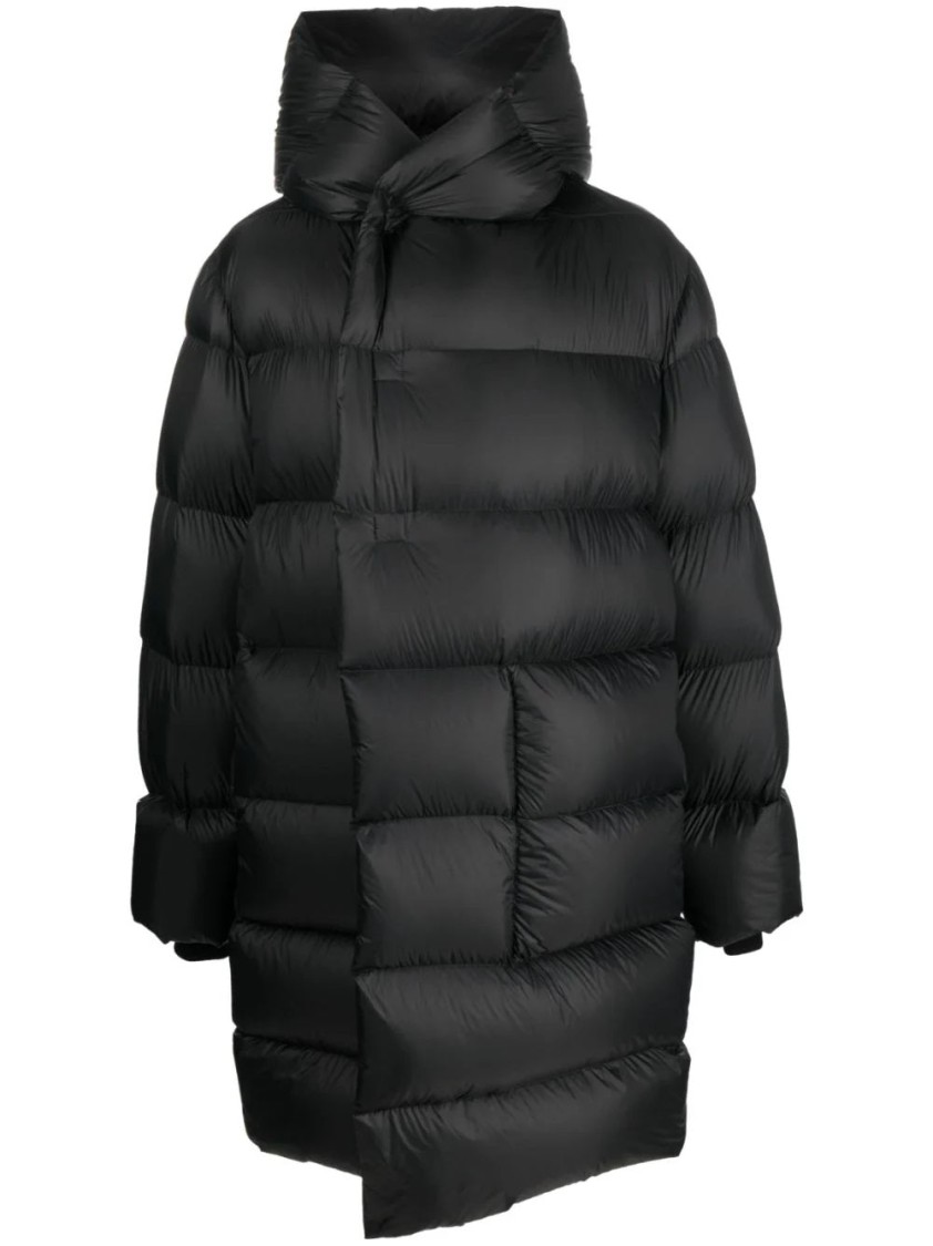 Rick Owens Quilted Black Down Coat With Design In Black