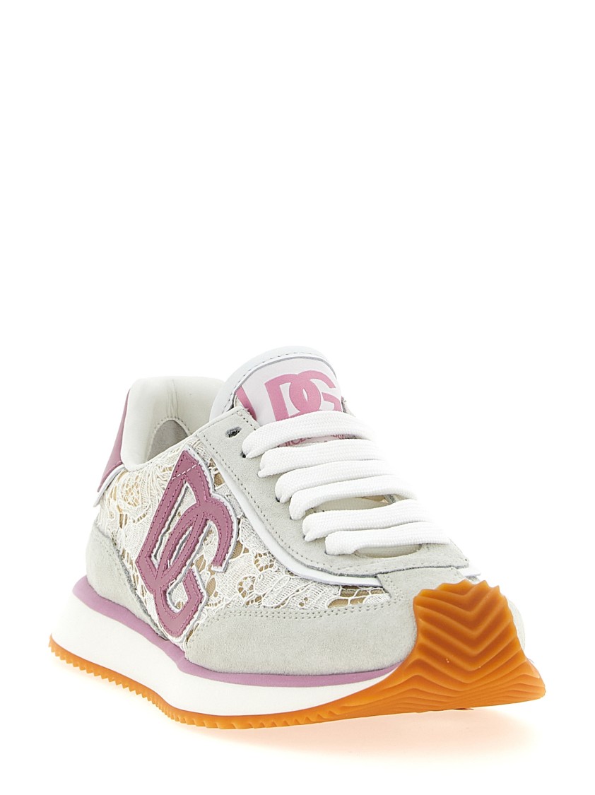 Dolce & Gabbana White Low Top With Lace Details And Dg Patch On The Side In Pink