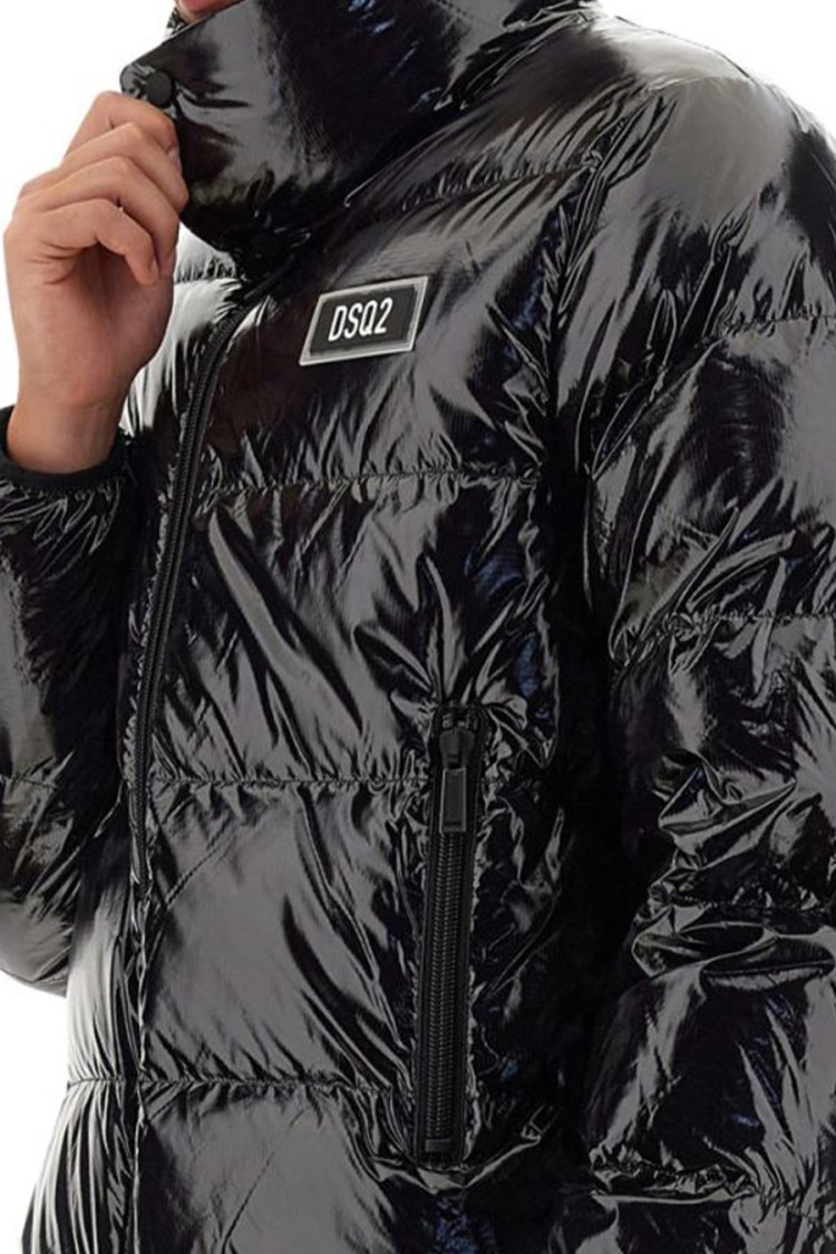Dsquared2 Black Down Jacket With Logo Patch On The Front In Tech Fabric Man