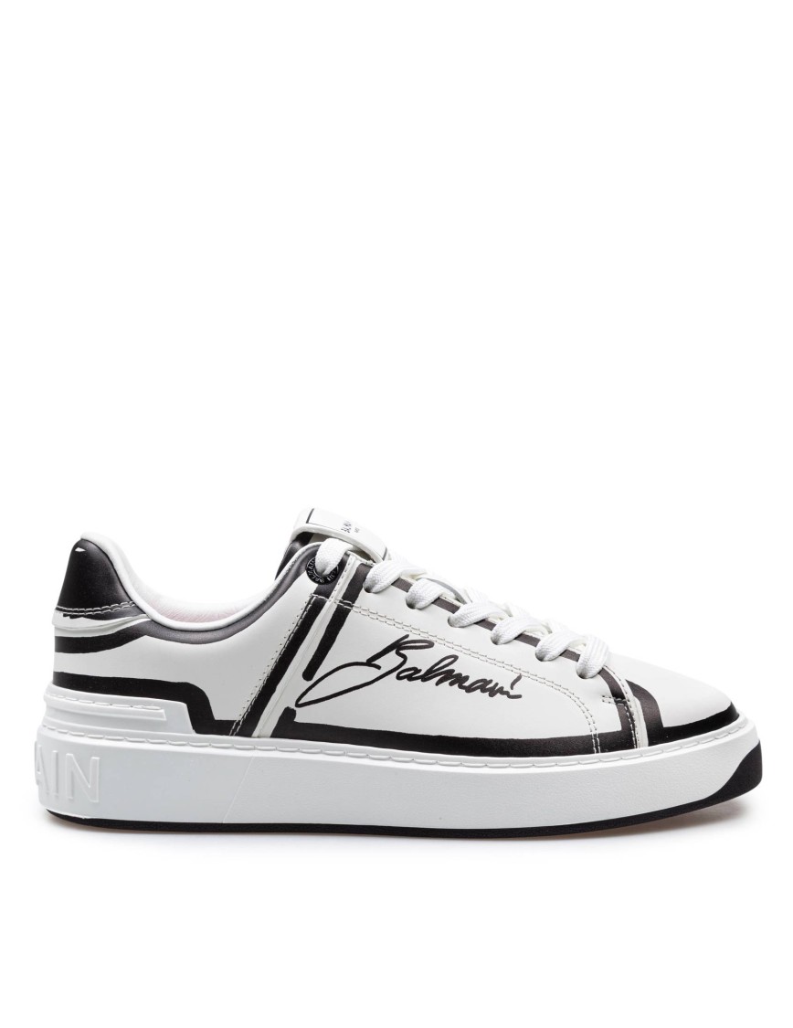 Balmain B-court Calf Leather Sneakers Color Black And White In White
