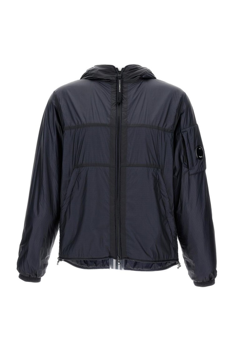 C.p. Company Hooded Windbreaker Jacket With Lens Detail In Blue