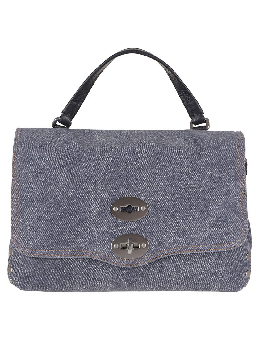 Zanellato Flap Bag With Textured Denim And Leather Accents In Blue