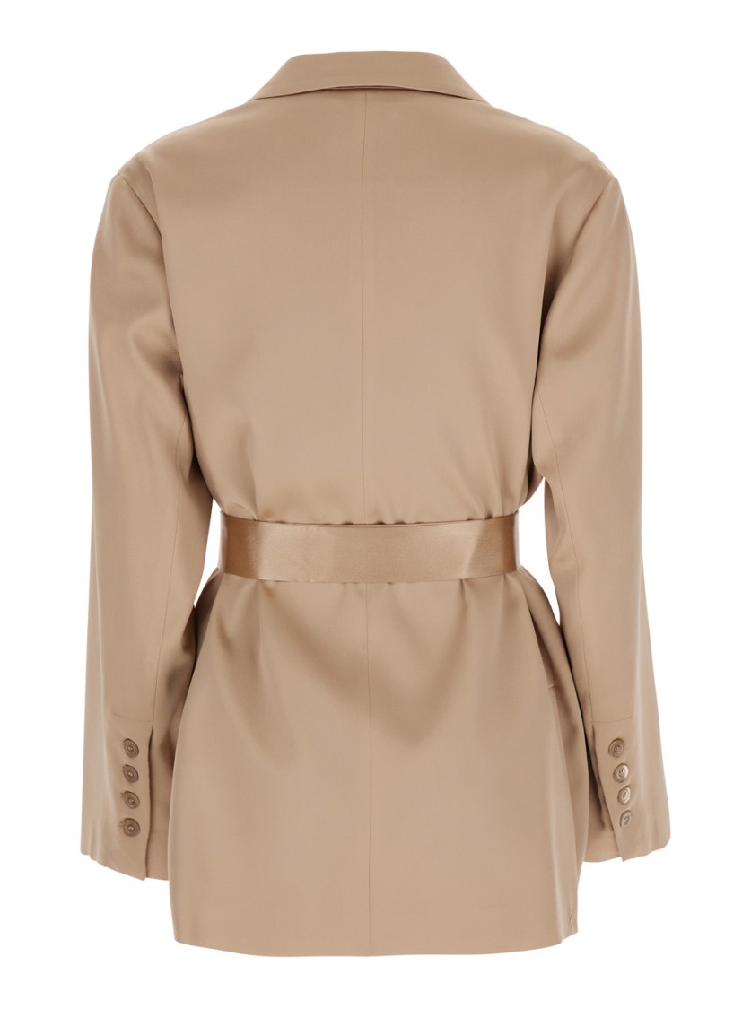 Shop Semicouture Semi Couture Satin Blazer With Tailored Silhouette And Belted Waist In Neutrals