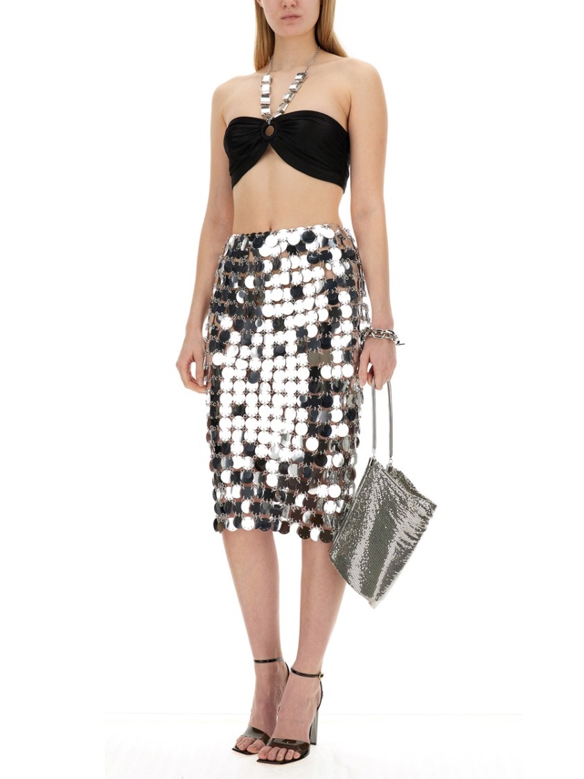 Shop Rabanne Shimmering Midi Skirt With Circular Plastic Discs In Silver