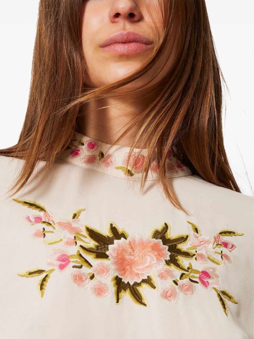 Shop Twinset Twin-set Floral-embroidered Blouse With Keyhole Closure And Gathered Hem In Neutrals