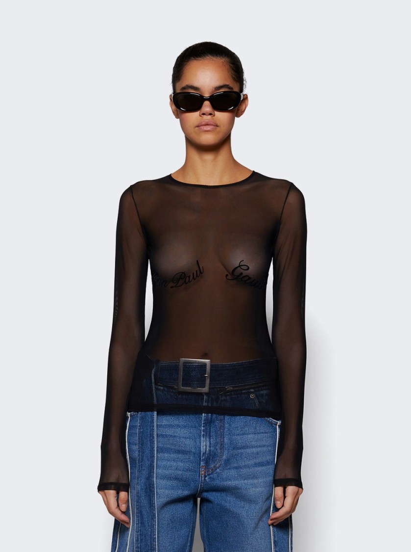 Shop Jean Paul Gaultier Sheer Mesh Long Sleeve Top Black