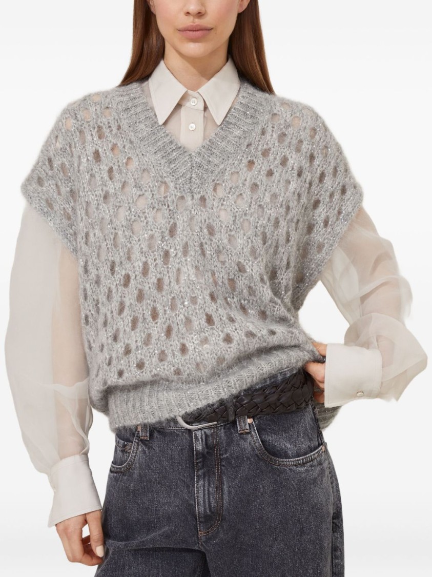 Brunello Cucinelli Open-knit Short Sleeve Sweater With V-neckline In Gray