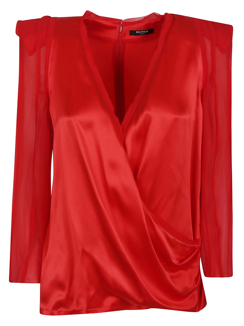 Balmain Silk Wrap Top With Sheer Flowing Sleeves