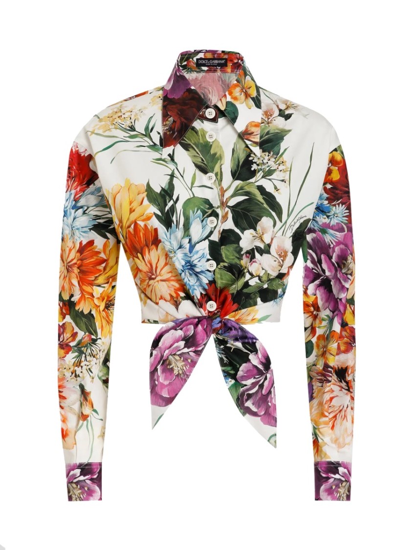 Dolce & Gabbana Multicolor Cropped Shirt With Tie Closure On The Front And All-over Floral Print In Multi