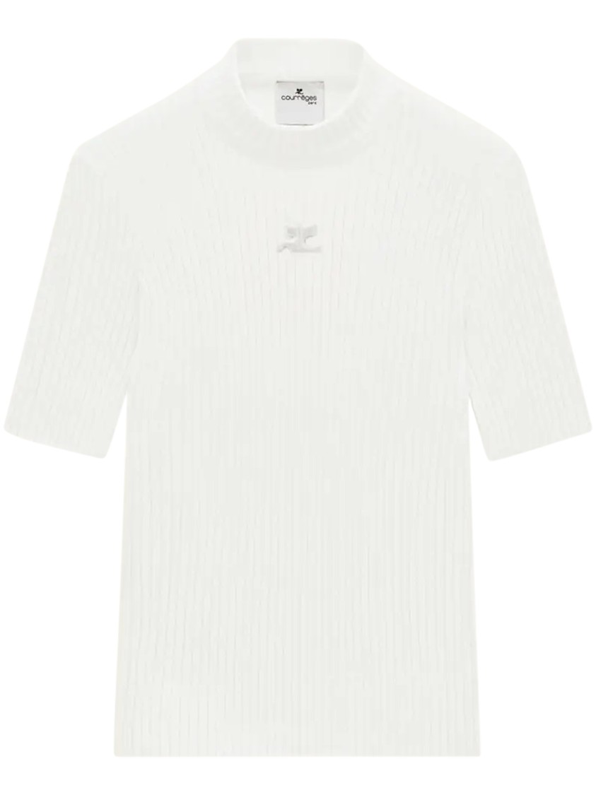Courrèges Ribbed High Neck Short-sleeved Jumper With Subtle Logo Detail In White