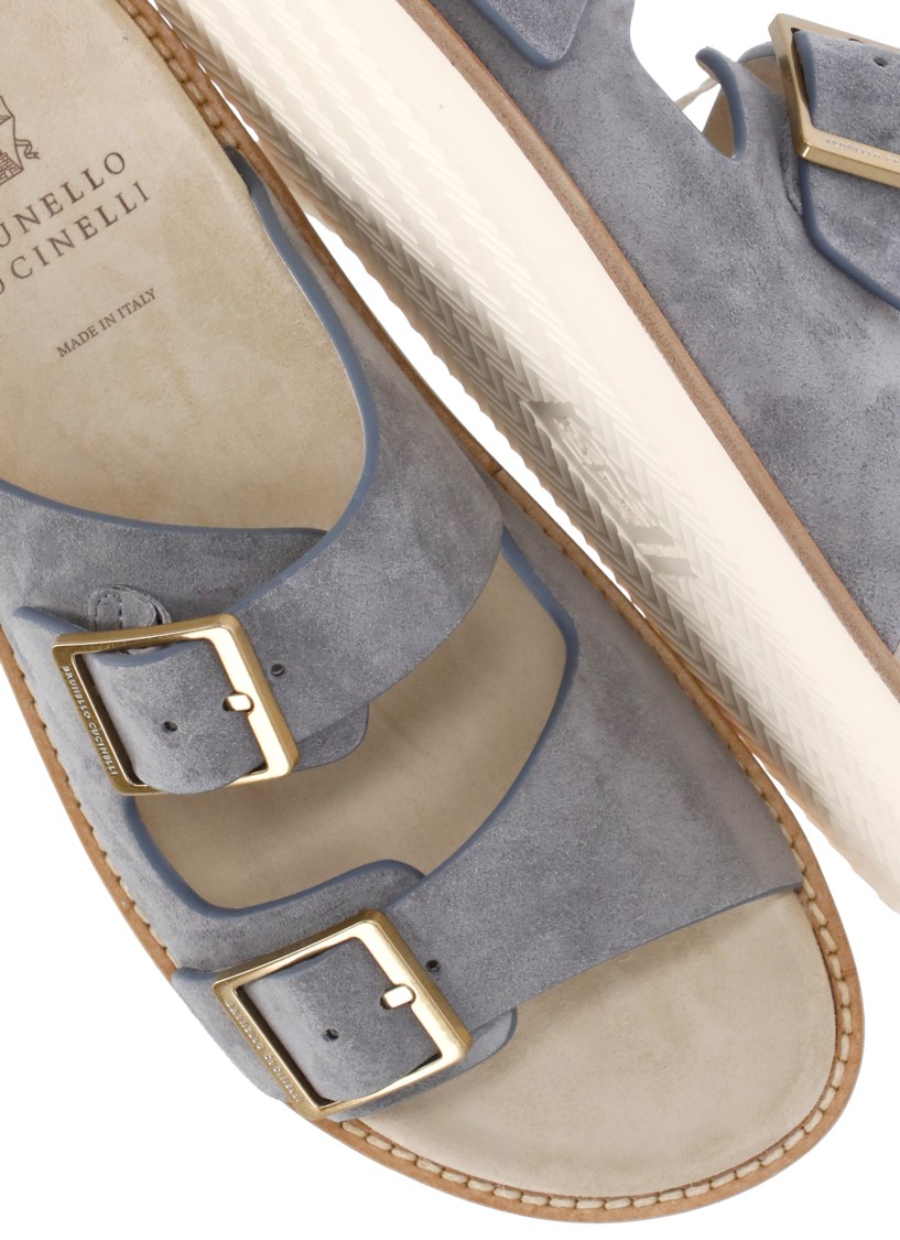 Brunello Cucinelli Pebble Silver-toned-hardware Leather Sandals In Grey