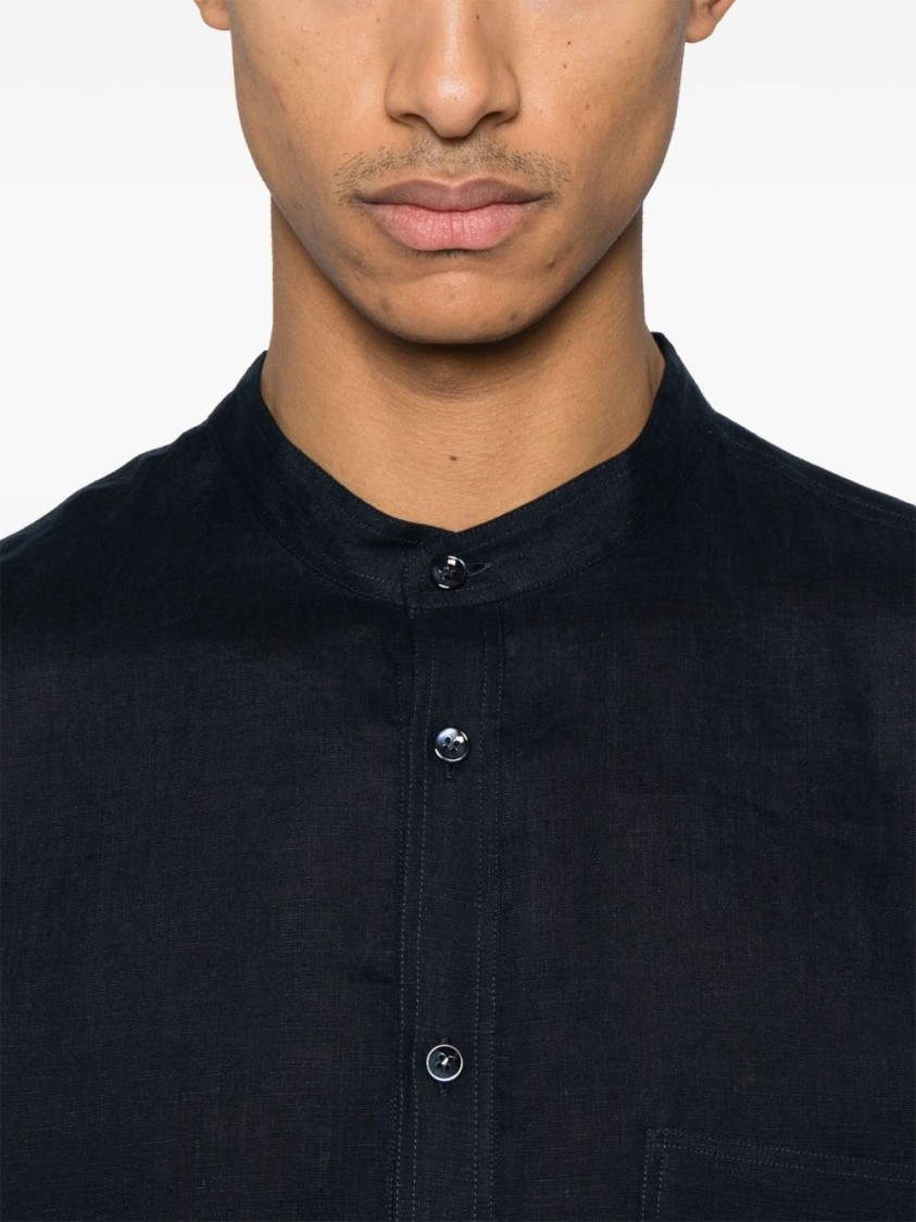 Giorgio Armani Layered Navy Blue Shirt With Band Collar And Buttoned Cuffs In Blue