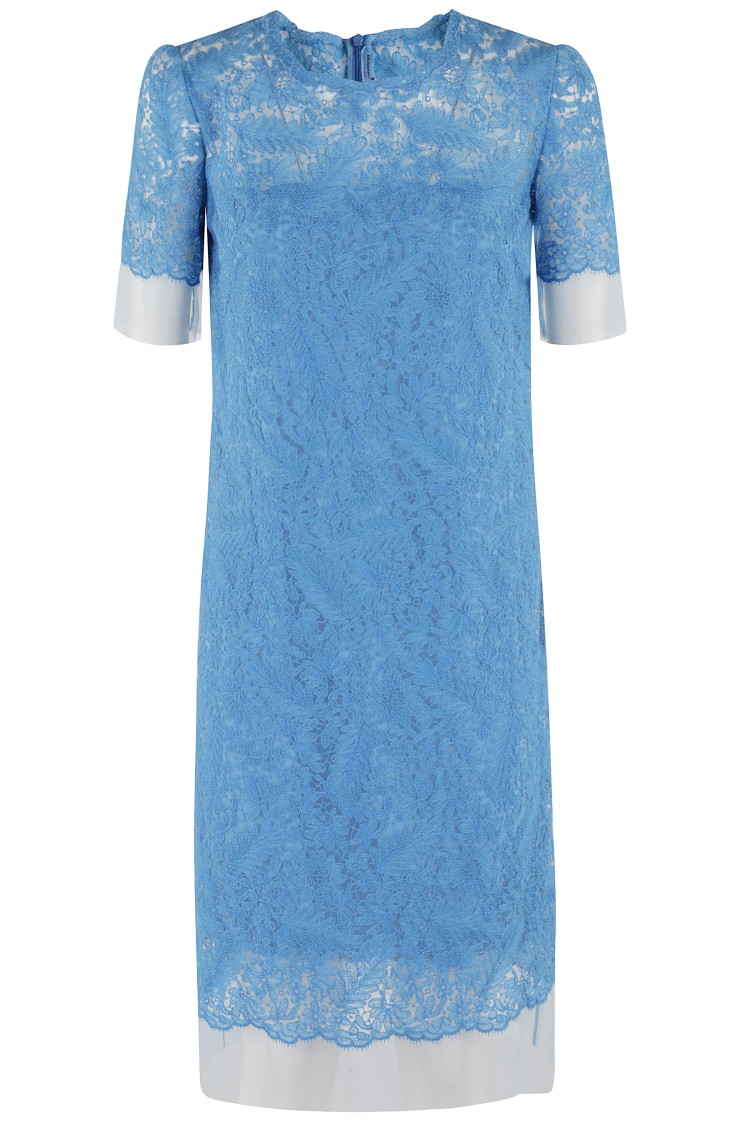 Ermanno Scervino Intricate All-over Lace Midi Dress With Short Sleeves In Blue