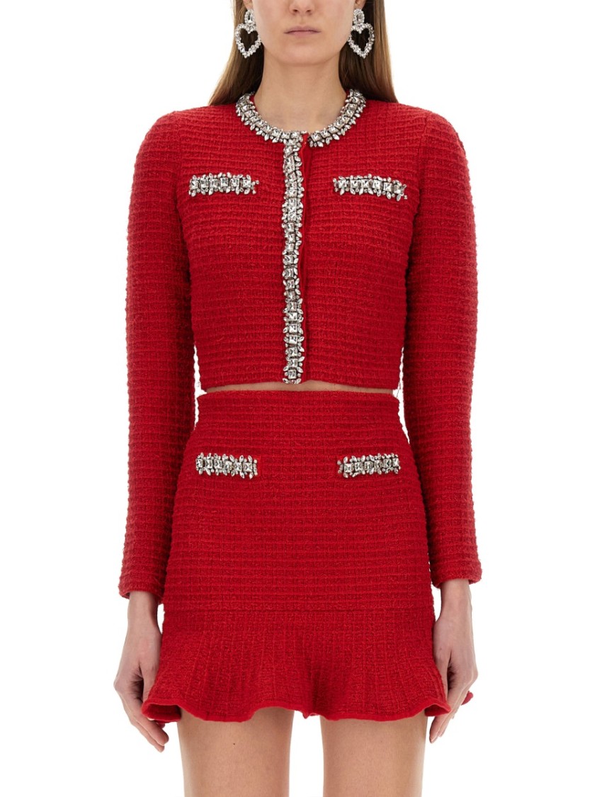 Shop Self-portrait Textured Knit Cardigan In Red