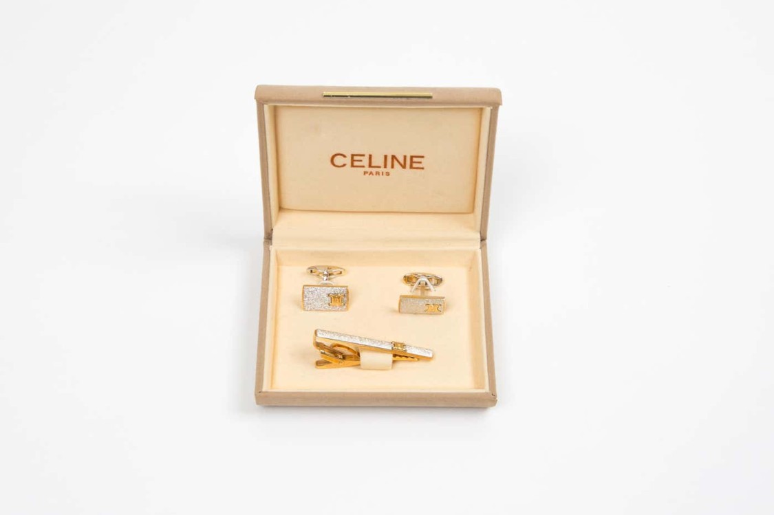 Celine Gold-tone "triomphe" Cufflinks And Tie Link Set In Gold
