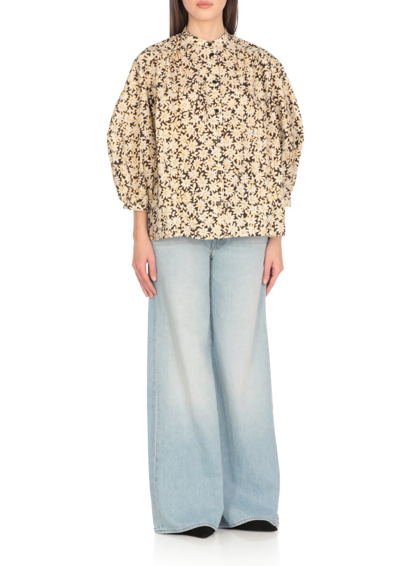 Shop Maison Kitsuné Black Cotton Shirt With Contrasting Floral Pattern In Neutrals