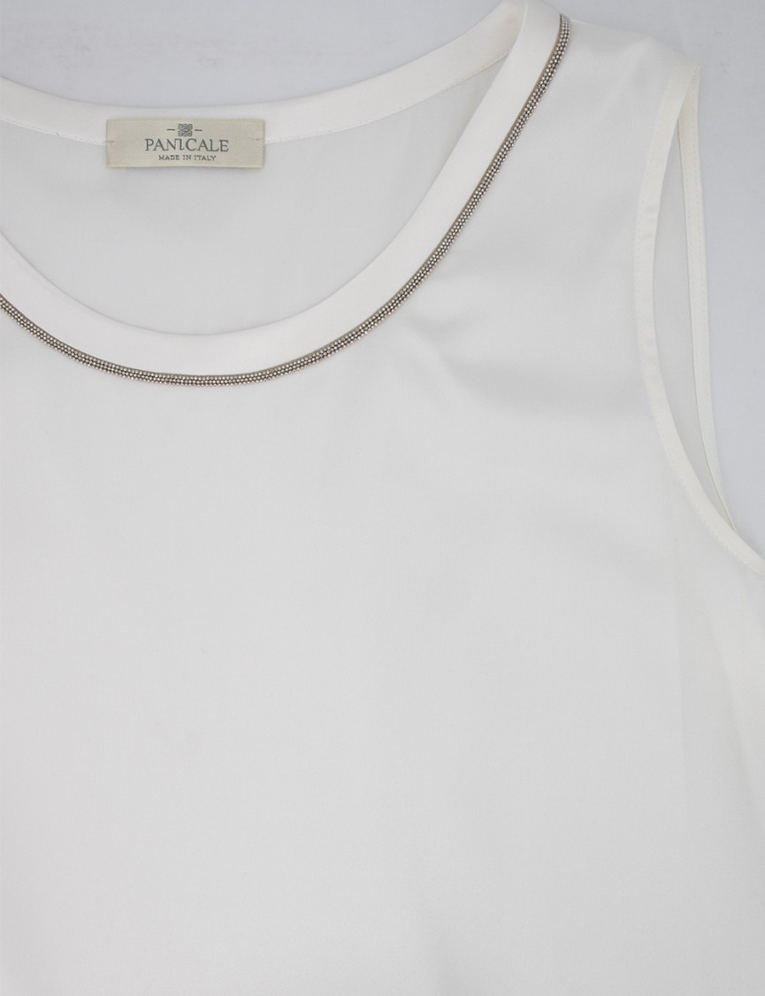 Panicale Crew Neck Silk Top With Luminous Detailing In Neutrals