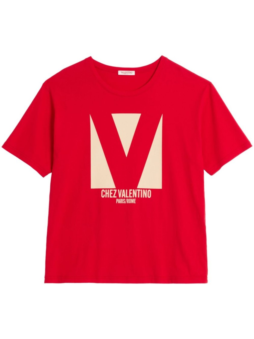 Shop Valentino Cropped Red T-shirt With Iconic Logo Print