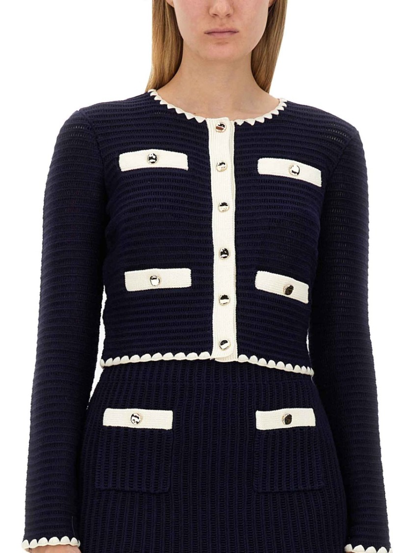 Self-portrait Crochet Knitted Cardigan With Contrasting Profiles In Blue
