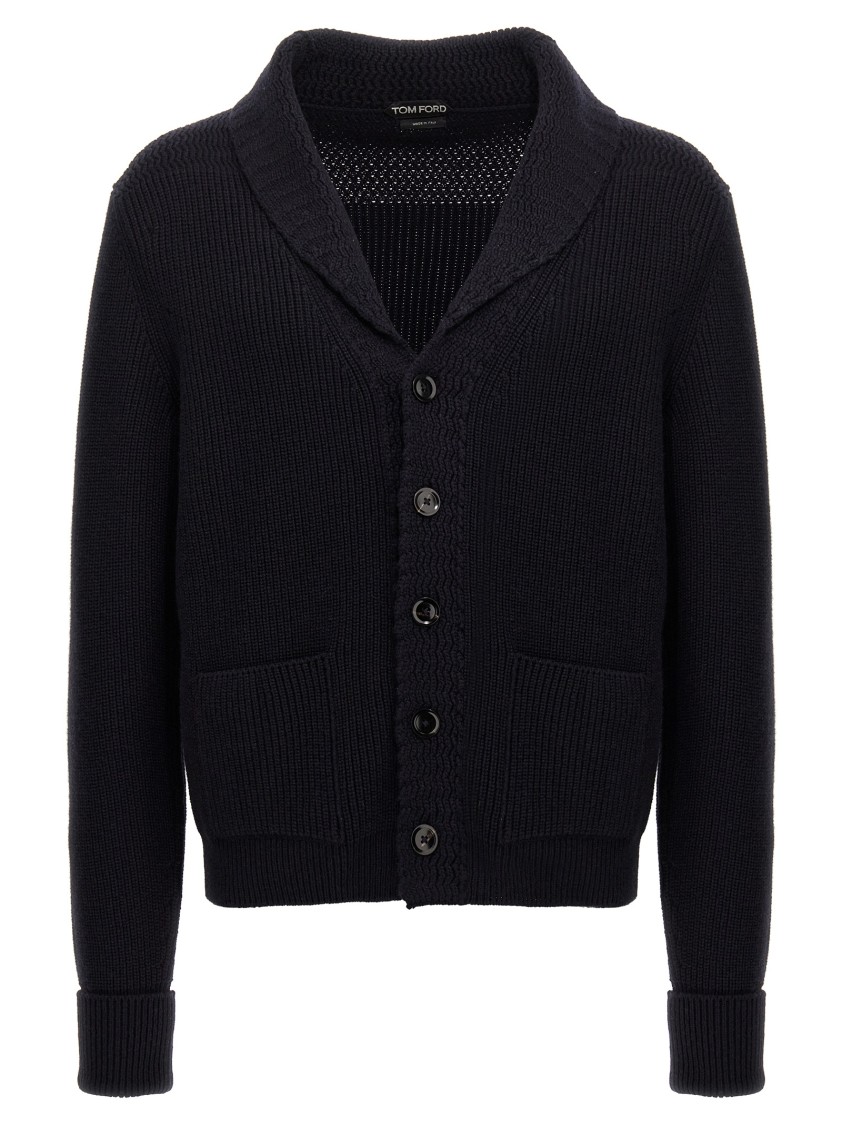 Tom Ford Cashmere Knit Sweater With Buffalo Horn Buttons And Shawl Collar In Black